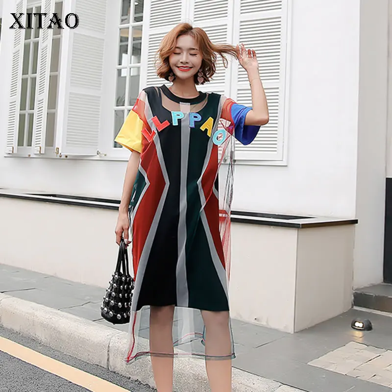 [XITAO] 2019 New Europe Casual Loose Patchwork Short Sleeve Pullover Dress O-neck Fashion Women Summer Mid-calf WBB3903 | Женская одежда