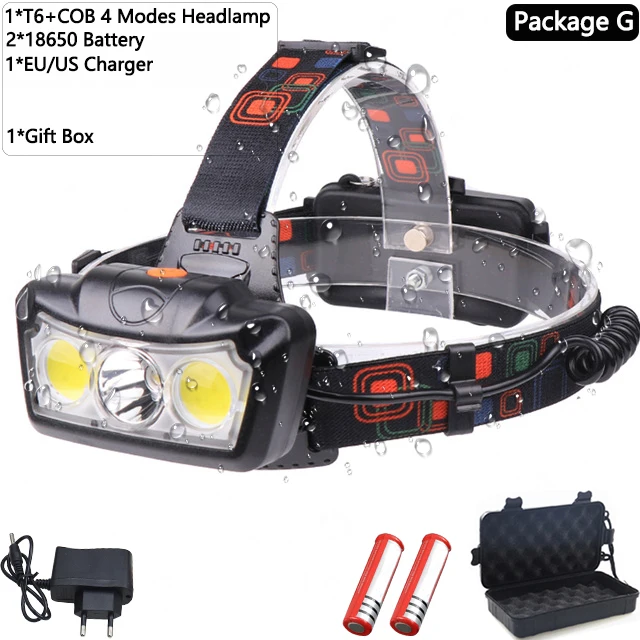 Package G Powerfull LED Headlamp T6+COB LED Headlight Head Lamp Flashlight Torch Lanterna head light Use 2*18650 battery for Camping - Испускаемый цвет: Package G