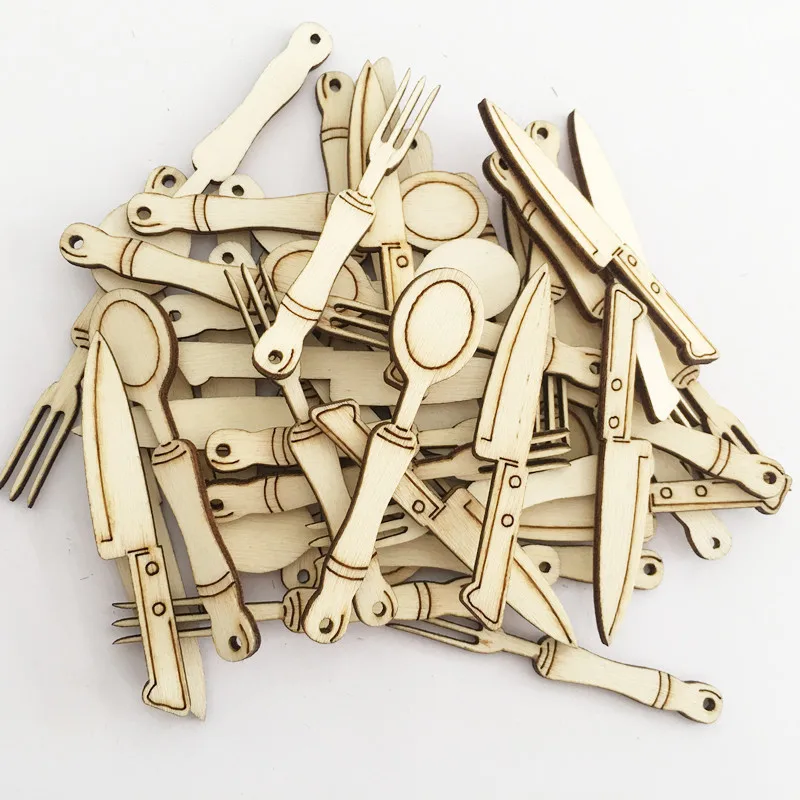 50PCS DIY Handmade Wooden Pendants Cute Knife And Fork Combination Crafts Children Creative Materials Hand-sewn Home Decoration | Дом и сад