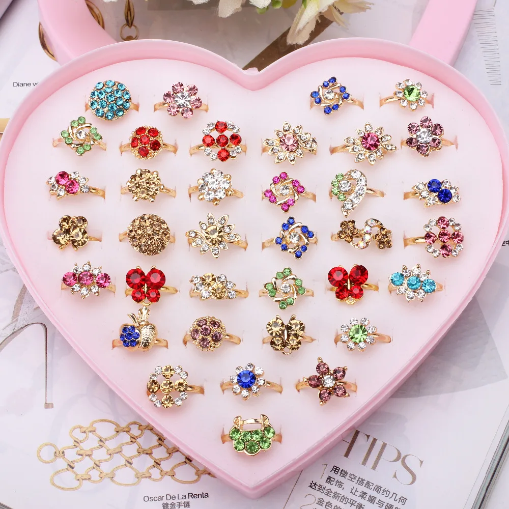 Кольца регулируемые золотистые с кристаллами 12/36/50/100 шт.|girls rings|ring babycrystal ring |