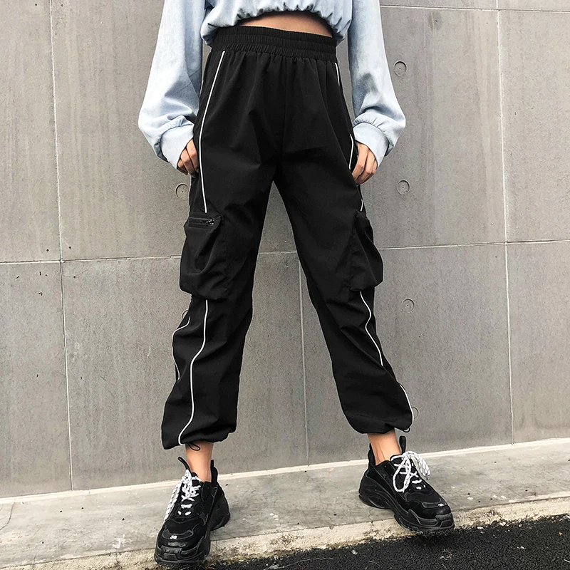 HEYounGIRL Harajuku, повседневные черные брюки-карго, женские полосатые эластичные брюки с высокой талией, Капри, уличная одежда, корейские спортивные штаны для бега