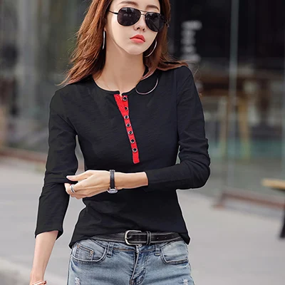 t shirt black Shintimes, контрастная цветная футболка на пуговицах, женская футболка, модная одежда, Осенние Топы с длинным рукавом, хлопковая футболка для женщин размера плюс - Цвет: t shirt black