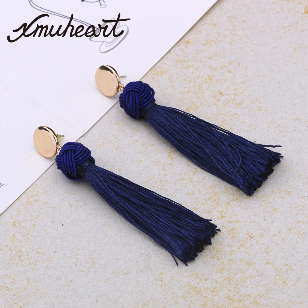XMUHEART Stud Earrings For Women Long Tassel Vintage Blue Fashion Jewelry Pompom Rope Knot | Украшения и аксессуары