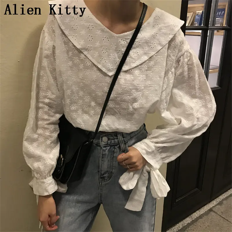 Белые свободные женские повседневные рубашки с круглым отложным воротником Alien