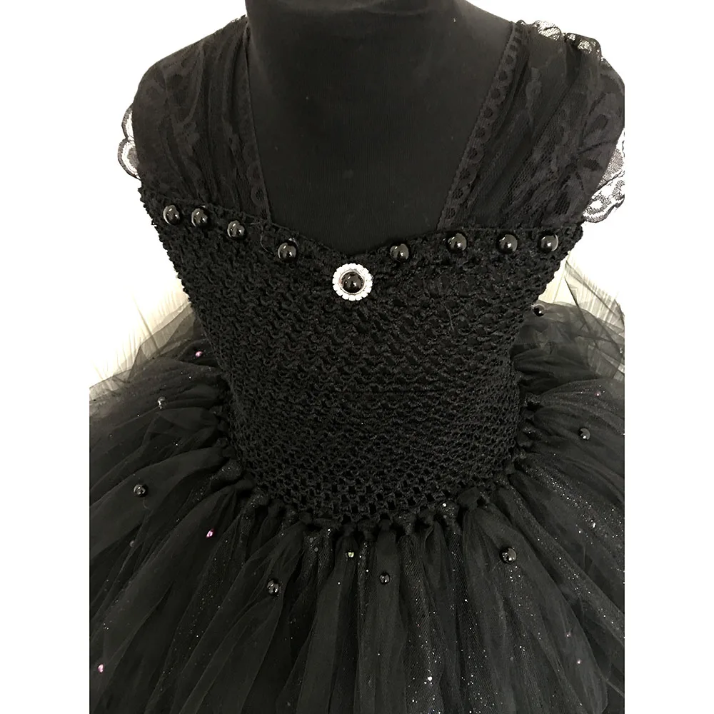 Black V-neck Fluffy Girl Tutu Dress Princess Elegant Baby Birthday Evening Party Tulle Dresses with Pearls For Photos | Детская одежда