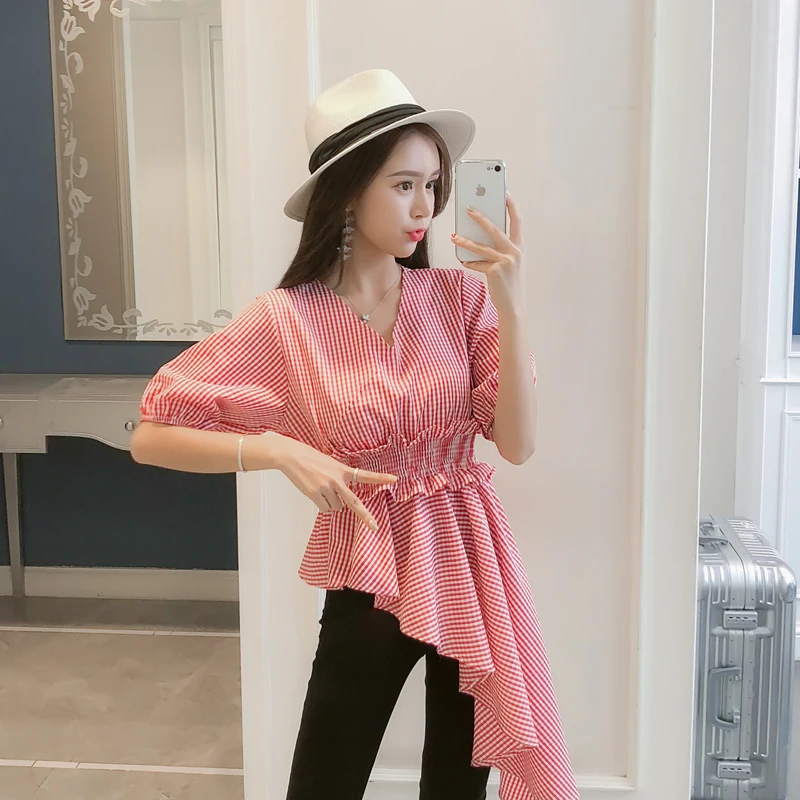 Женская рубашка с v образным вырезом блузка в клетку рукавами фонариками и