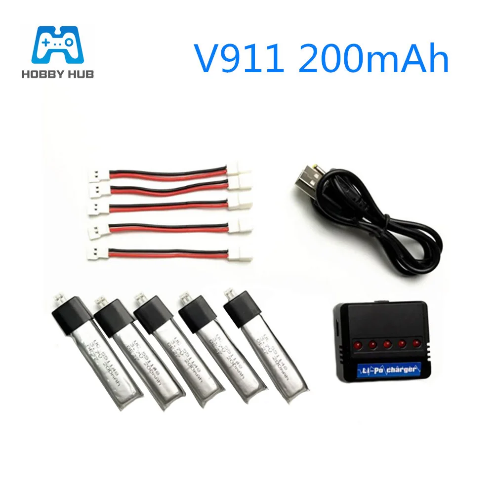 

Аккумулятор Lipo, 5 шт., 3,7 в, 200 мА · ч, зарядное устройство, кабель для WLtoys V911, V911-1, V911-2, 4 канала, 2,4G, запасной для радиоуправляемого квадрокоптера...