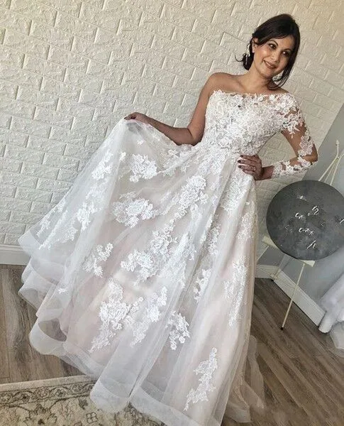 

Elegant One Shoulder Wedding Dresses Long Sleeve Lace Appliqued Arabic Sweep Train Plus Size Bridal Gown Vestidos De Novia