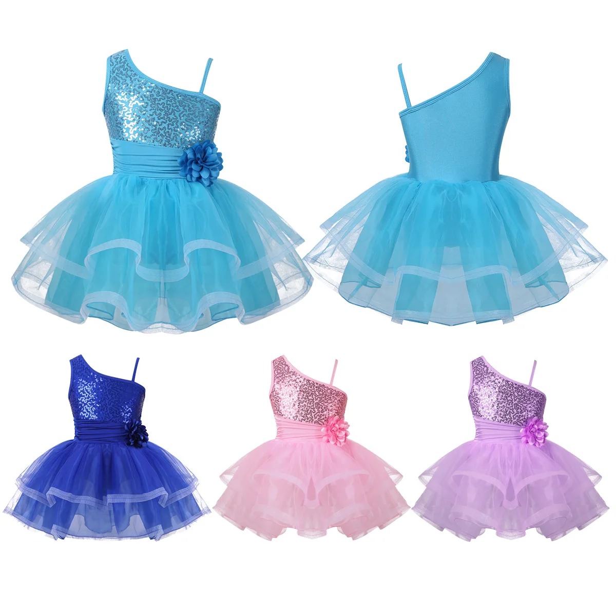 iiniim Flower Girls Dress One-Shoulder Sequins Reflective Costumes Ballerina for Kids Ballet Dance Gymnastics Leotard Tutu | Детская