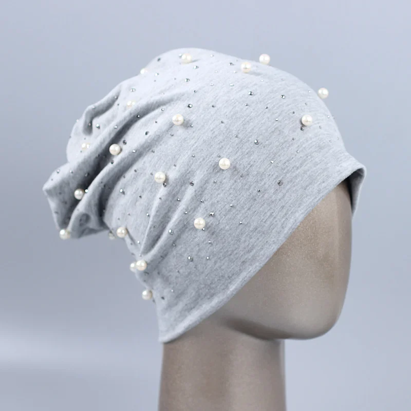 light gray Geebro Женская Шапка-бини, модная, со стразами, жемчугом, с отворотами, шапка куполообразная для женщин, осенняя женская зимняя шапка JS307 - Цвет: light gray