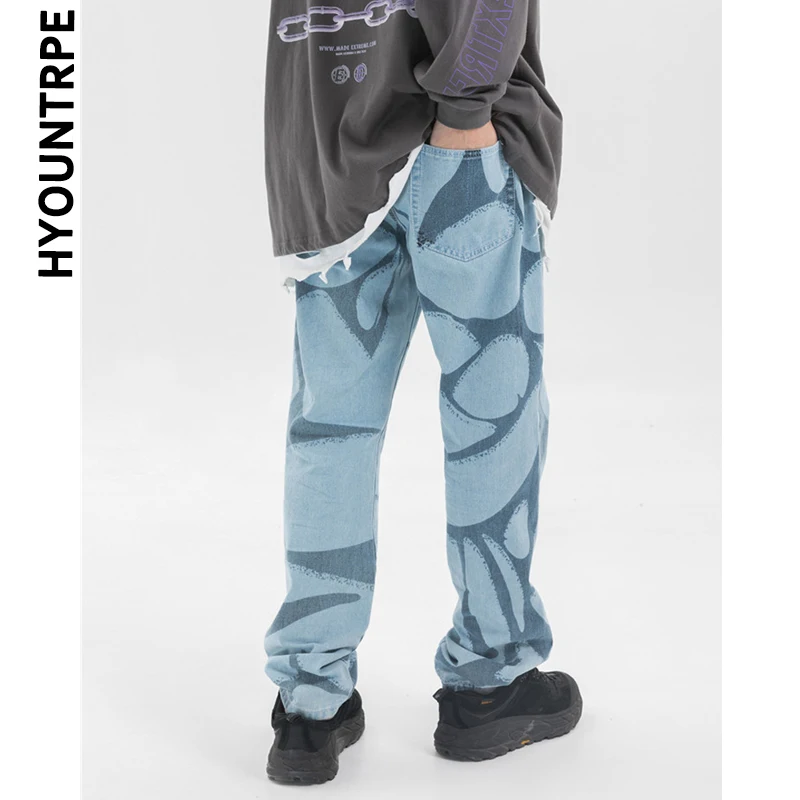 Irregular Geometric Printed Denim Jeans Men Elastic Waist Drewstring Straight Pant Hip Hop Streetwear Autumn Winter Pants Jogger | Мужская