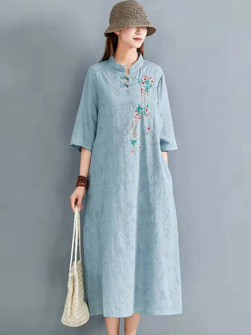 Китайское платье cheongsam qipao, современное хлопковое льняное платье cheongsam, платье cheongsam с коротким рукавом и вышивкой, женское нижнее белье