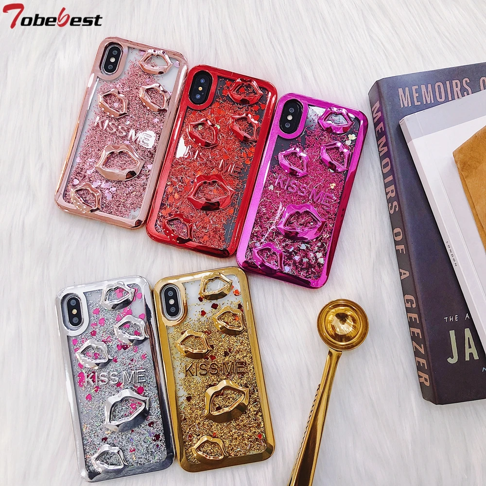 Electroplate lips Dynamic Liquid Quicksand Phone Case For Samsung S10 Plus lite S8 S9 S7 Edge A7 2018 for iPhone XS MAX XR |