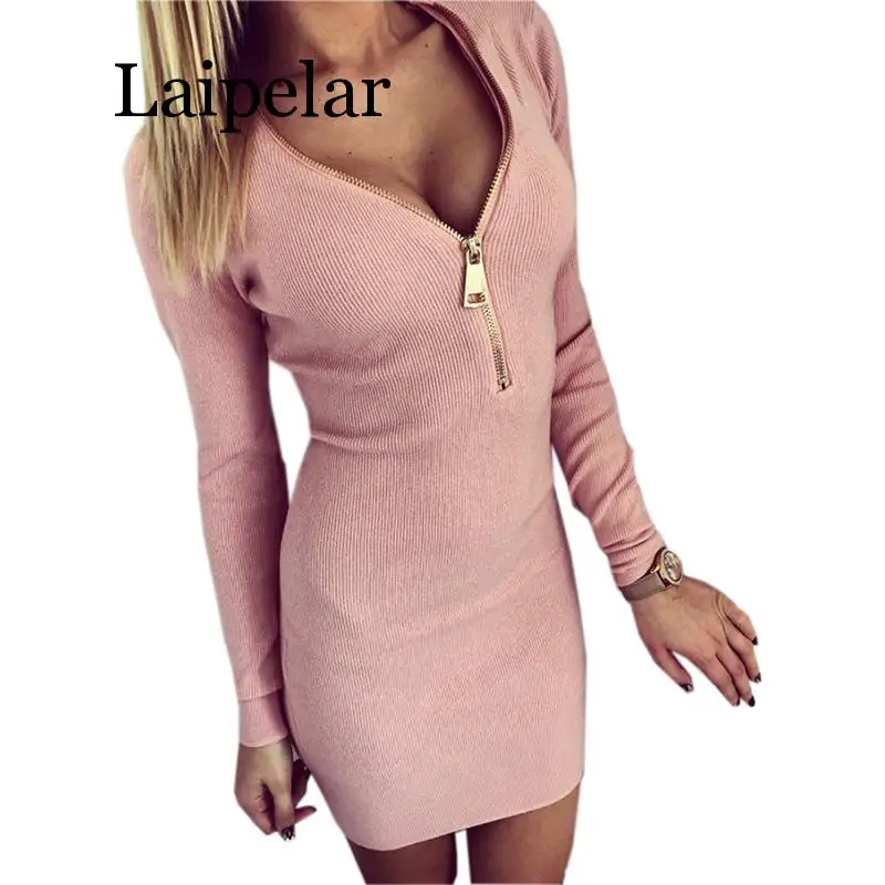 

Laipelar Autumn Dress Knitting Women Dresses Zipper O-neck Sexy Knitted Dress Long Sleeve Sheath Pack Hip Dress