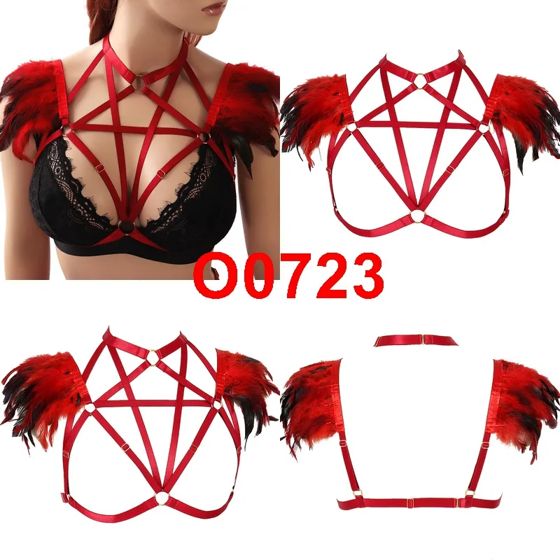 

Red Soft Feather Harness Bra Art Clothing Body Cage Strap Breast Belt Lingerie Suspender Hollow Out Plus Size Bralette for Women
