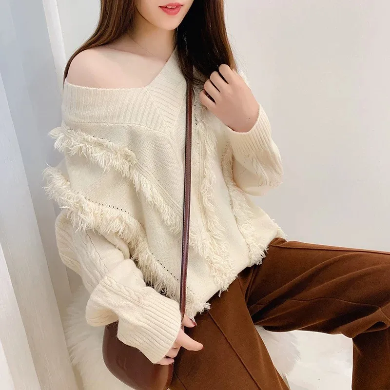 HF18380 Beige H. SA Весенний пуловер с v-образным вырезом и свитера с кисточками, сексуальный пуловер красного и синего цвета в Корейском стиле Harajuku, вязаная одежда sueter mujer Roupas - Цвет: HF18380 Beige