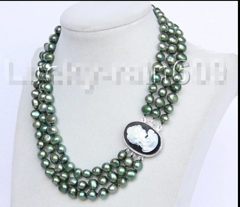 

Fast SHIPPING baroque 16"-18" 3row 9mm dark green FW pearls necklace