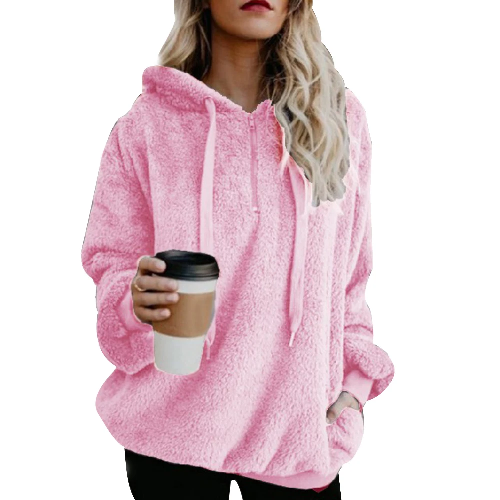

New Women Winter Fleece Hoodie Solid Color Long Sleeve Drawstring Hooded Sweatshirt