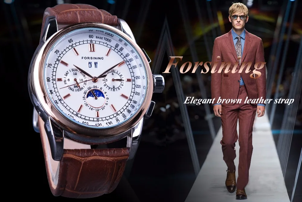 Forsining Rose Golden Moon Phase дизайнерские механические Автоматические часы с календарем коричневые кожаные мужские часы лучший бренд роскошные часы