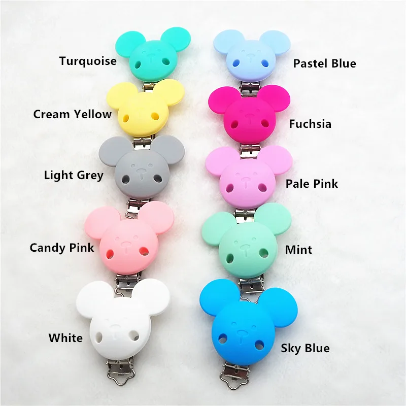 Chenkai 50PCS BPA Free Silicone Teether Clips Pacifier DIY Baby Mouse Animal Nursing Jewelry Toy Dummy Chain Holder clips