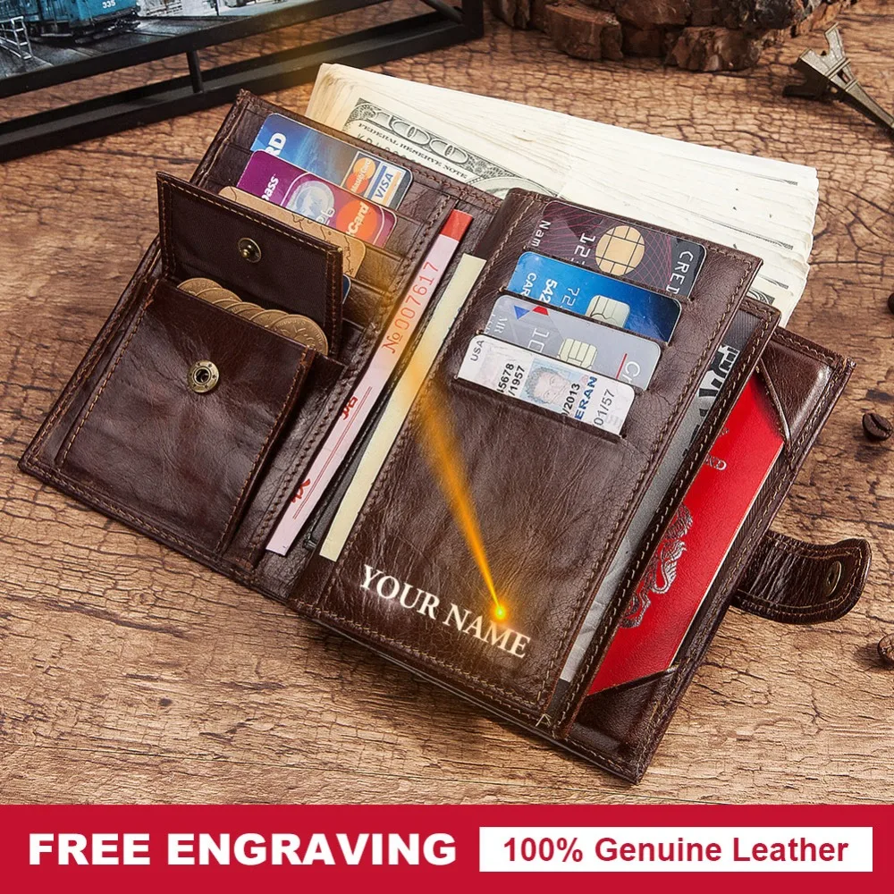Мужской кошелек из 100% воловьей кожи с бесплатной гравировкой для паспорта | Багаж