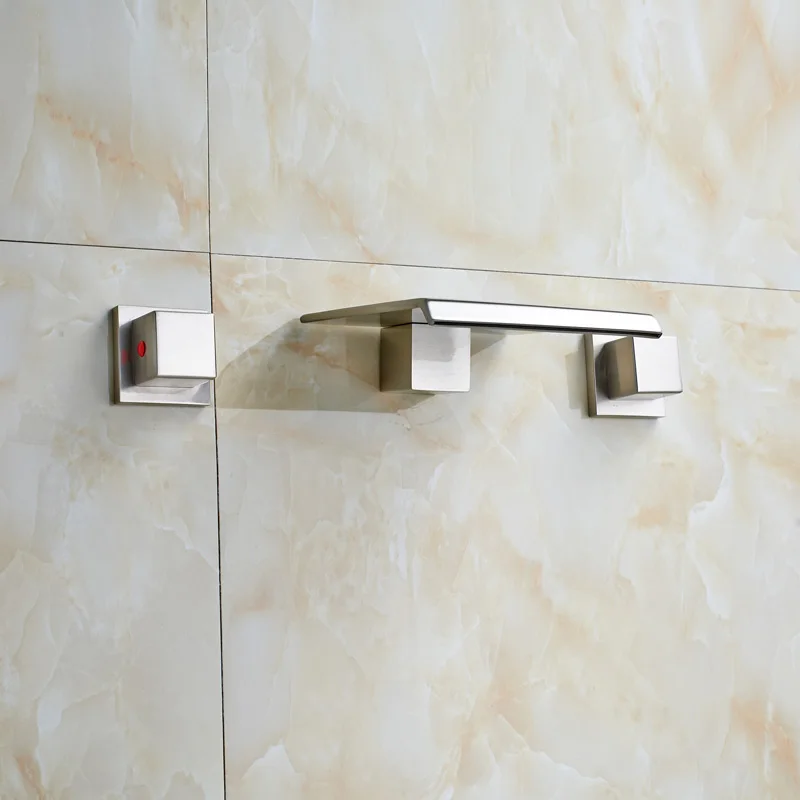 Настенный кран для раковины ванной комнаты с двойной ручкой матовый никелевый