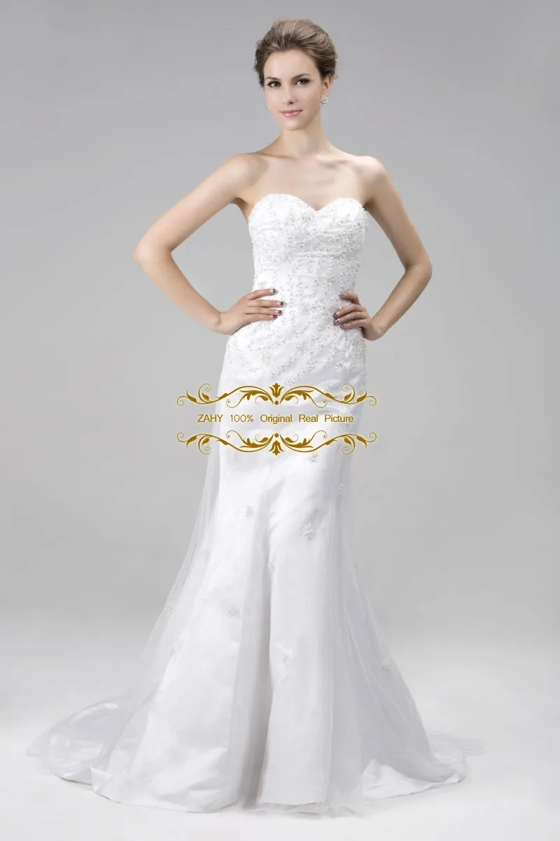 

Snow White Sweetheart Trumpet Sweep Train Wedding Dresses ZAHY New Actual Image Backless Beading Bridal Gowns Wedding Gown AJ026
