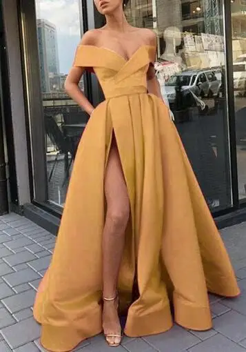 yellow Элегантное платье с открытыми плечами, вечернее платье с длинными рукавами и с карманами с коротким рукавом, атласное для женщин халат de Вечеринка платье для Для женщин - Color: yellow