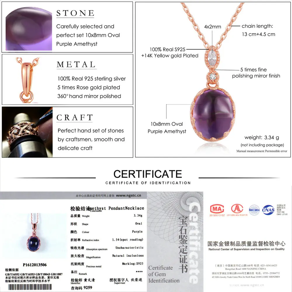 

LAMOON Bijouterie 3.2ct Natural Purple Amethyst Oval Gemstone 925 Sterling Silver Jewelry Fine Pendant Necklace For Women NI021