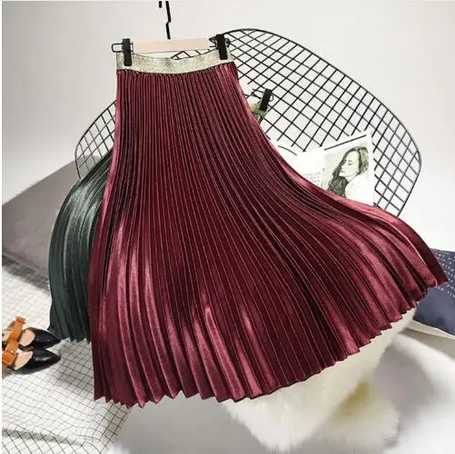 wine red Qooth зимняя женская элегантная складчатая юбка с эластичной резинкой на талии длинные юбки 10 цветов Осенняя Женская юбка высокого качества Faldas Saia - Цвет: wine red