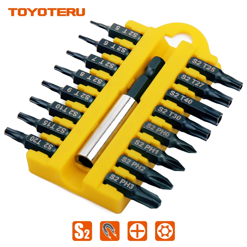 Отвертка TOYOTERU биты магнитные 17 шт. S2 бит Phillips(0-1-2-3), T5, Torx безопасности Биты(T6-6-7-8-9-10-15-20-25-27-30-T40