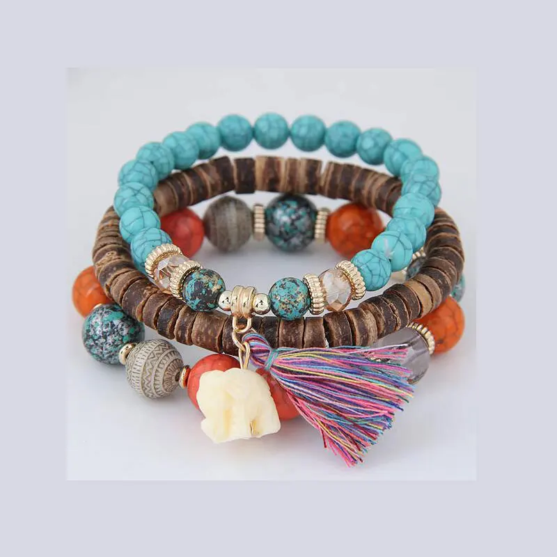 Женский эластичный браслет из деревянных бусин многоярусный в богемном стиле