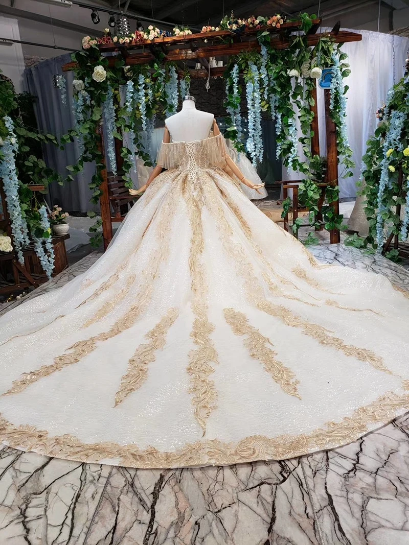 HTL535 off the shoulder wedding dresses with train sweetheart champagne lace bride dress real price vestido de noiva pluz size | Свадьбы и