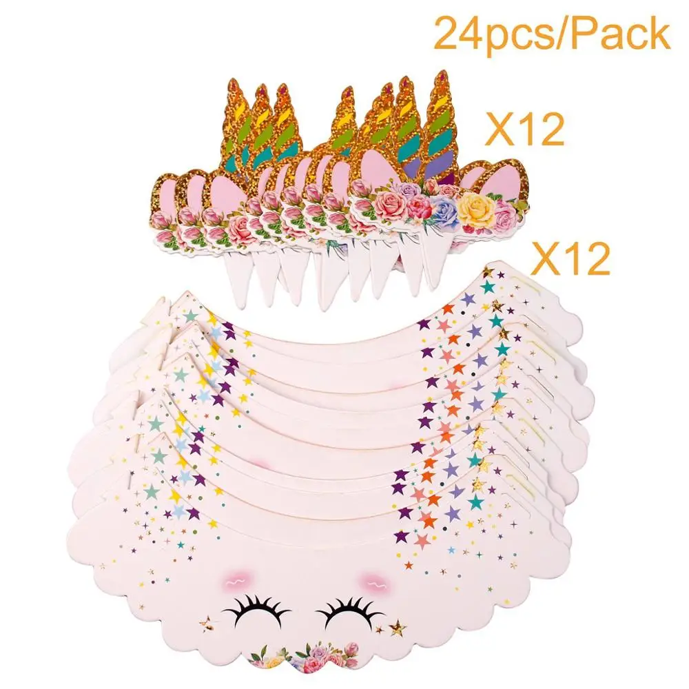 White unicorn topper FENGRISE 24 шт Розовый Единорог Торт Топперы Радуга Единорог день рождения обертки для пирожных С Днем Рождения Торт Декор Единорог вечерние принадлежности - Цвет: White unicorn topper