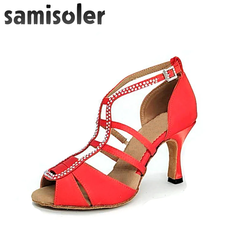 Samisoler красная новая ткань для вспышки Блестящий горный хрусталь Бальные модные танцевальные женские конкурс латиноамериканских танцев обувь