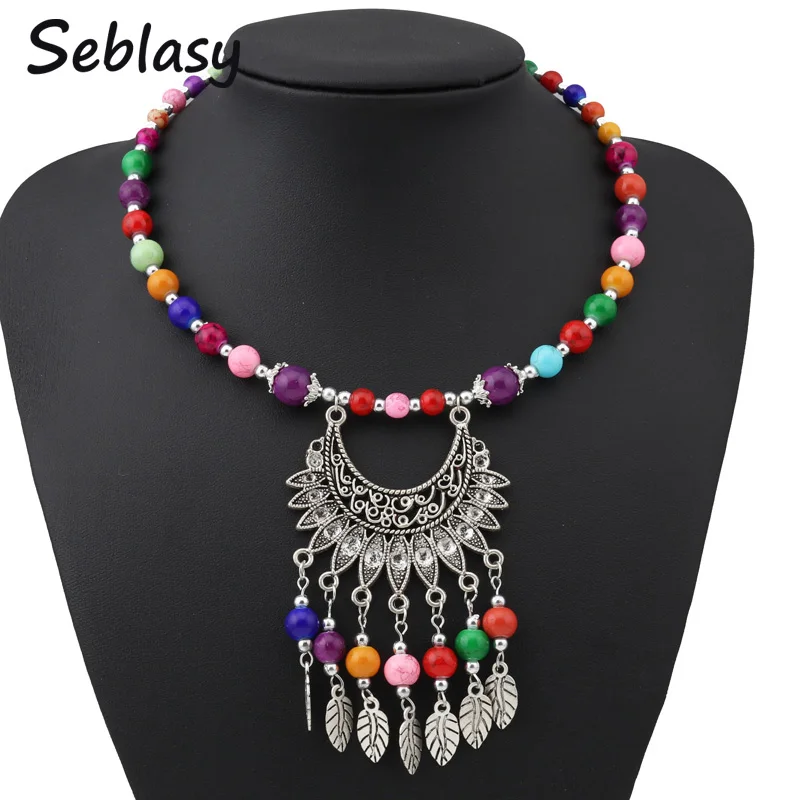 Seblasy Maxi Boho Big Statement Natural Stone Beads Moon Leaves Flowers Tassel Necklaces Pendants for Women Tribal Jewelry Colar | Украшения