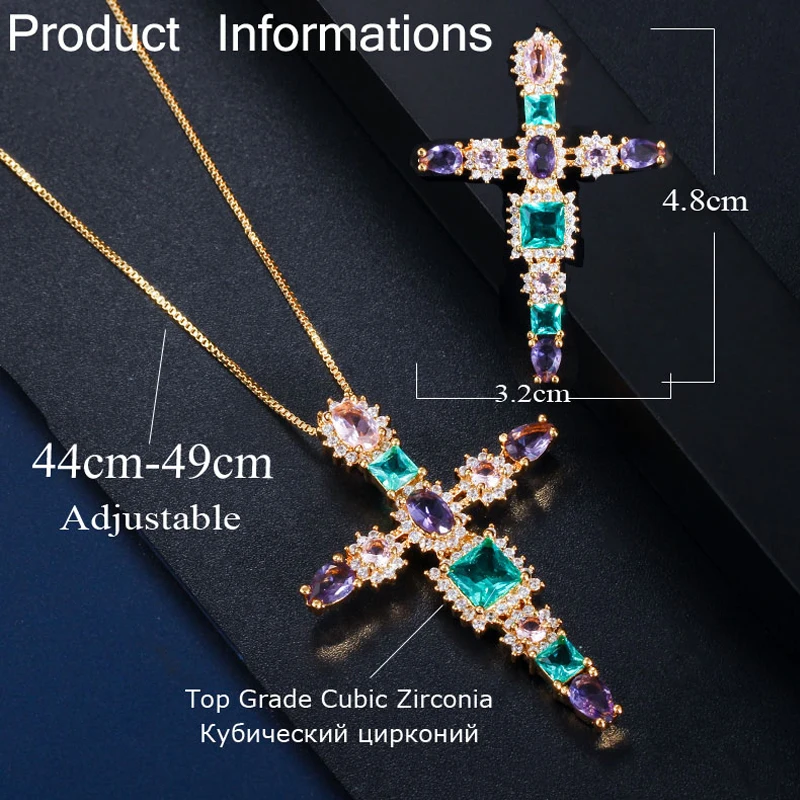 Подвеска с большим крестом BeaQueen зеленая фиолетовая розовая цветная черная