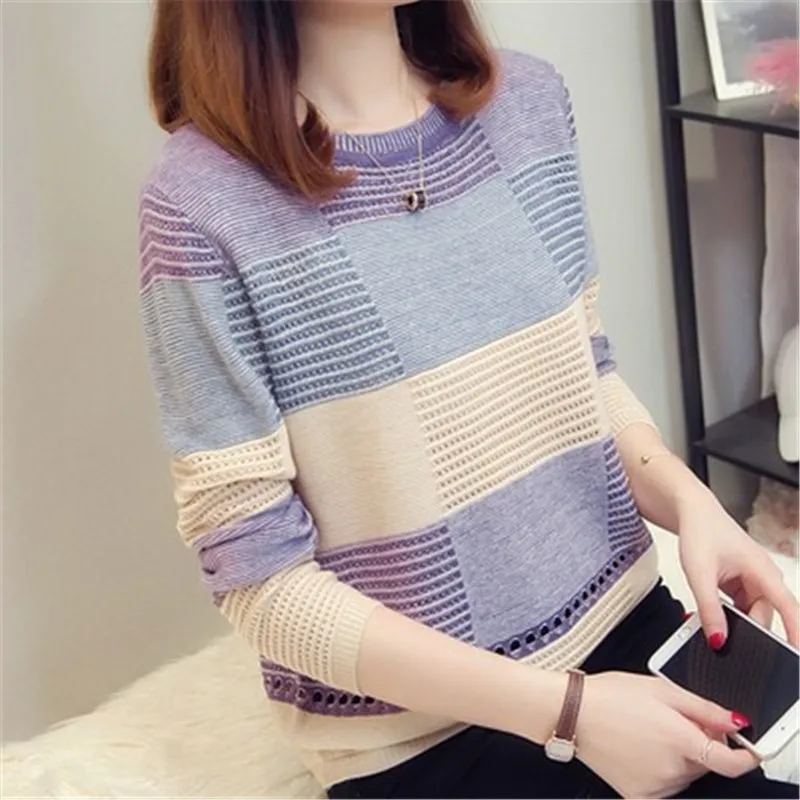 2021 Spring autumn women sweater Korean color matching loose striped long-sleeved pullover Knitwear Hollow A275 | Женская одежда