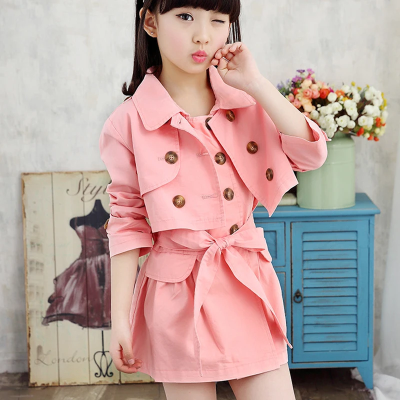 Комплект одежды для девочек новый весенний Модный стильный Тренч + платье с