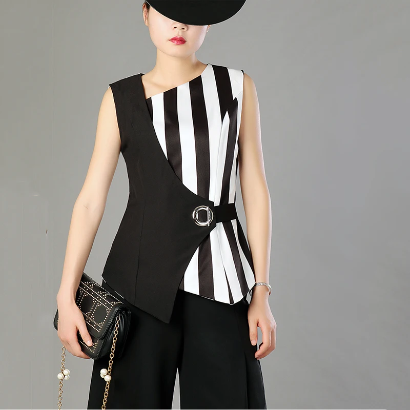 [XITAO] New Summer Europe Women Striped Patchwork Contrast Color Sleeveless Tops Female Irregular Collar Blouses KZH2019