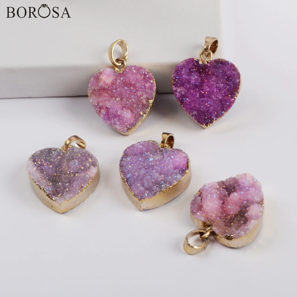 BOROSA 10 шт. Подвески в виде РОЗОВОГО СЕРДЦА Drusy натуральный кулон agates Druzy Титан AB фиолетовая любовь позолоченный кулон для ожерелья подарки для девочек G1829