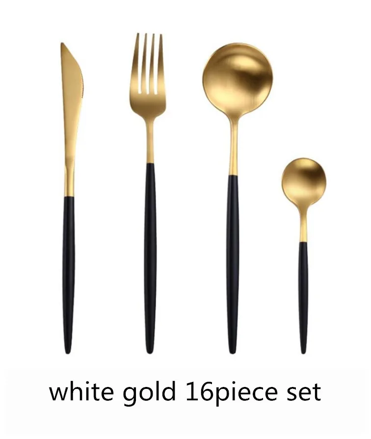 black gold 16pcs set Португалия с острым концом Набор столовых приборов черная ручка набор столовых приборов Золото Серебро Цвет Западная посуда вилка, нож, ложка палочки для еды - Цвет: black gold 16pcs set
