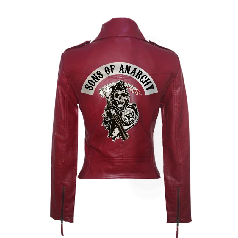 Женские кожаные куртки Sons of Anarchy, зимняя облегающая мотоциклетная куртка-бомбер, пальто с принтом черепа, черный, винно-красный