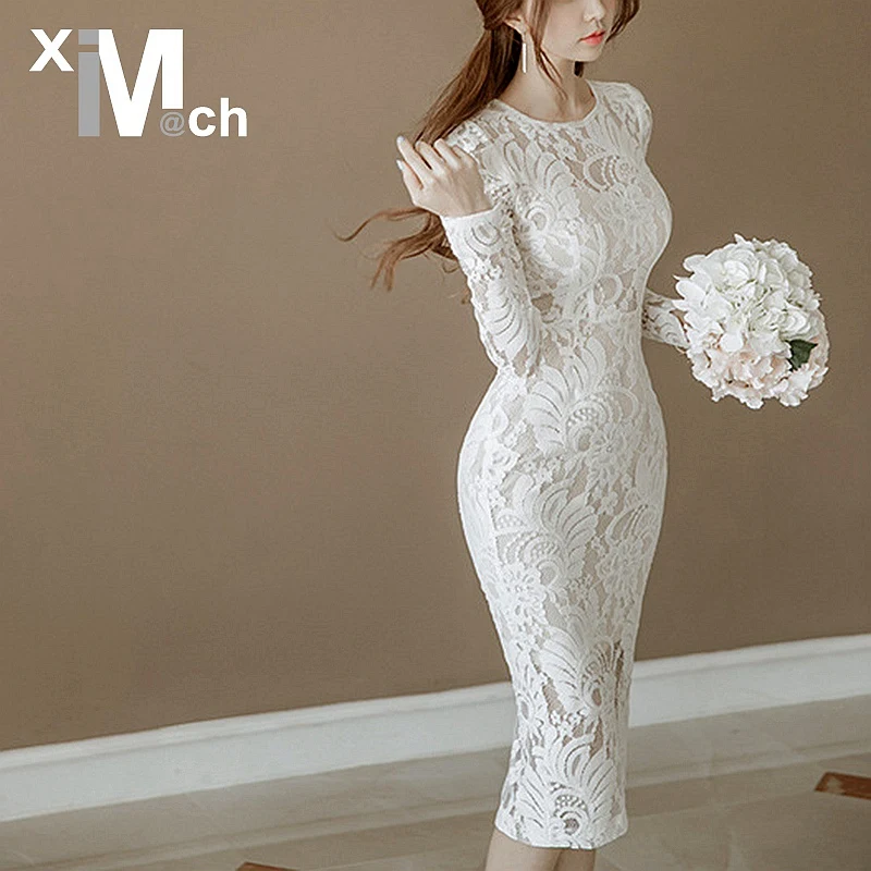 xiM&ampM@ch Spring New Brief style White Dress O-Neck Long-Sleeve Pencil line See-through Lace with Lining DR01030F | Женская одежда