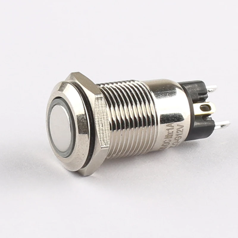 12-мм металлический переключатель с кнопкой, светодиодной лампой, водонепроницаемостью, замком, кольцевым плоским, небольшим, закрытым на 12 В.
