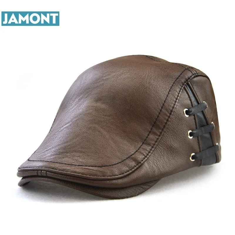 Мужской берет JAMONT из искусственной кожи плоская кепка винтажный черного цвета