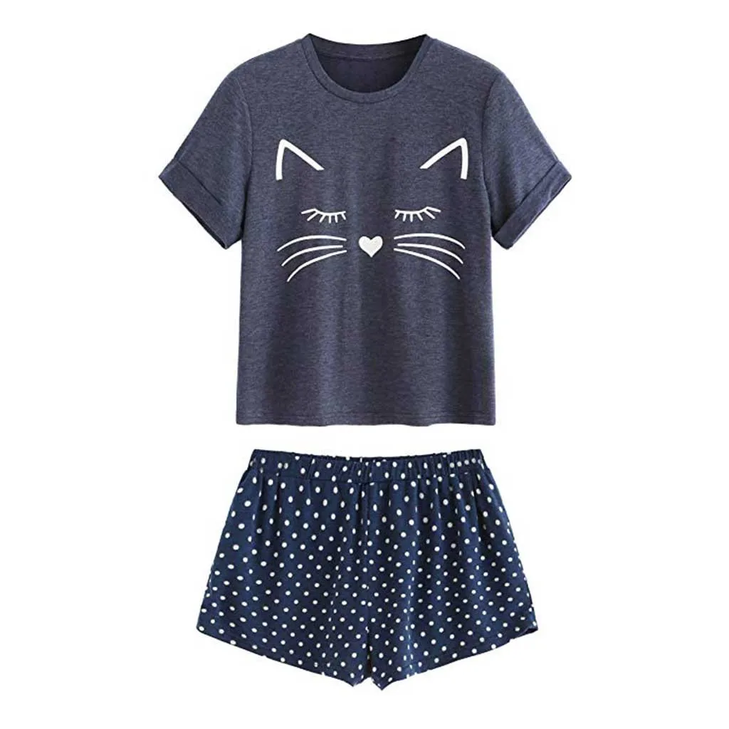 Женский ансамбль пижама повседневная одежда для сна шорты с рисунком кота