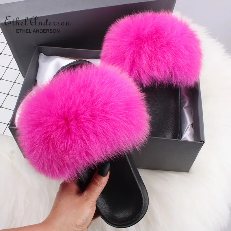 Rose Red Fox Fur ; тапочки с натуральным лисьим мехом; женские сланцы с мехом енота; модные пушистые меховые сандалии; повседневная обувь - Цвет: Rose Red Fox Fur