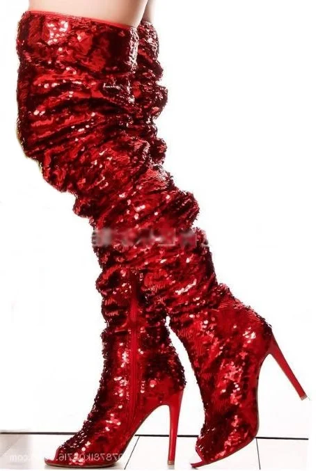 Bling Sequin/Сапоги выше колена узкие высокие сапоги Красного цвета зеленого с