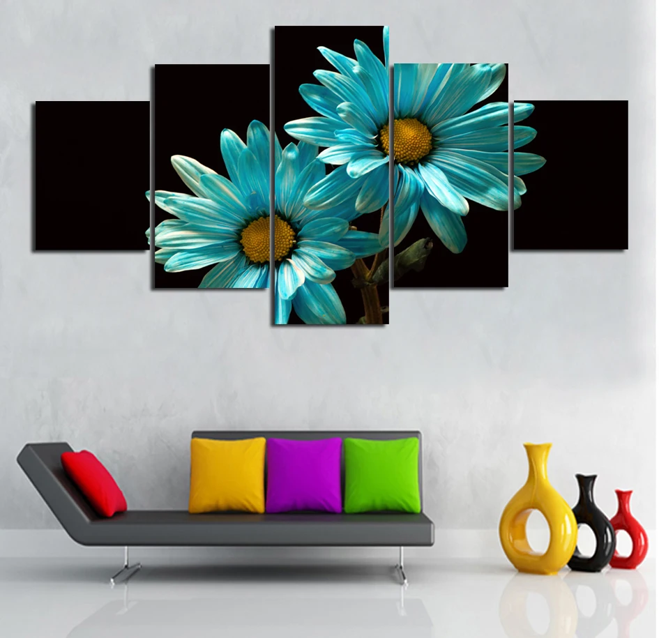 Unframed Blue Gerbera Painting 5 Panels Modern Wall Art On Canvas Beautiful Flower Printing Prints Poster | Дом и сад